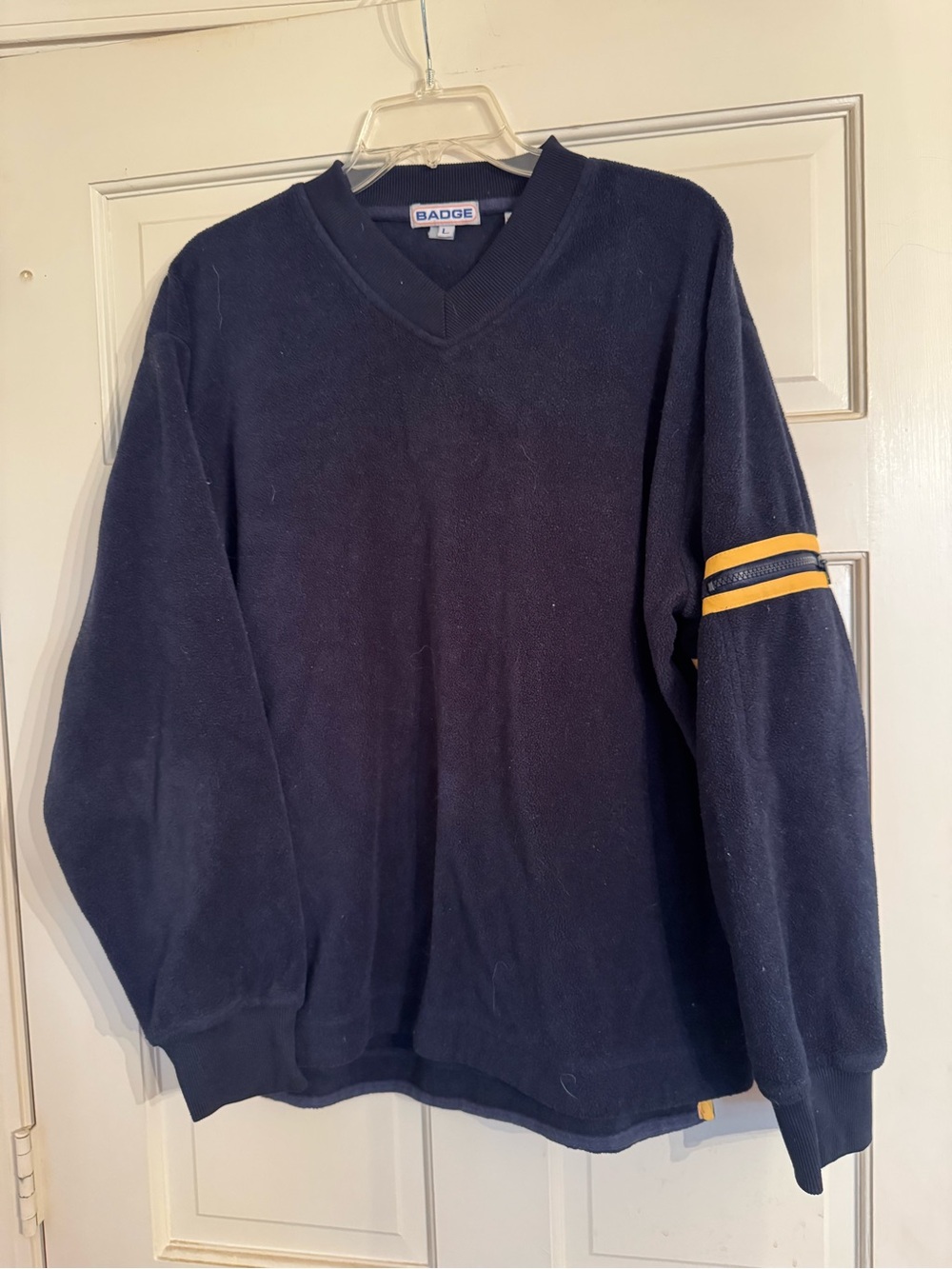 Men's Navy V-Neck Sweater with Yellow Stripe by Badge
